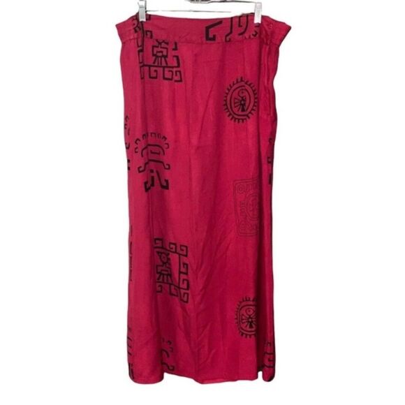 Vintage Burgundy Red Boho Tribal Print Button Maxi Skirt sz L - Picture 1 of 7
